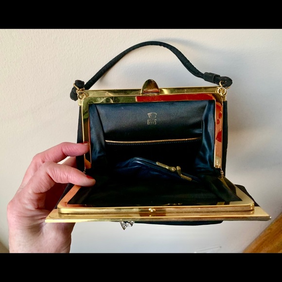 Vintage Black Satin Handbag with Rhinestone Brooch - Picture 4 of 4